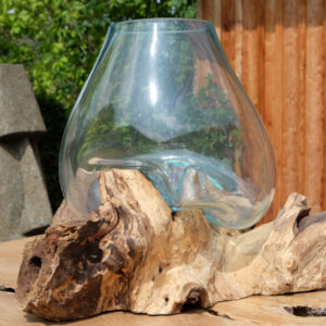 Glas-Schale auf Teakholz-Halterung