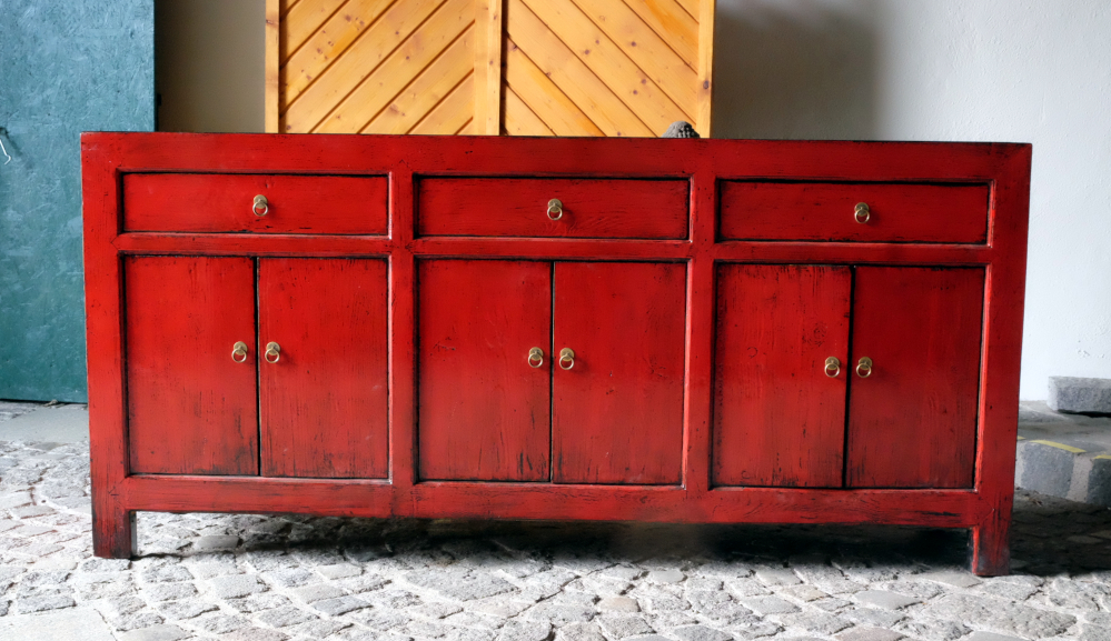lange anrichte rot lackiert mit drei laden und sechs tueren unikat aus china